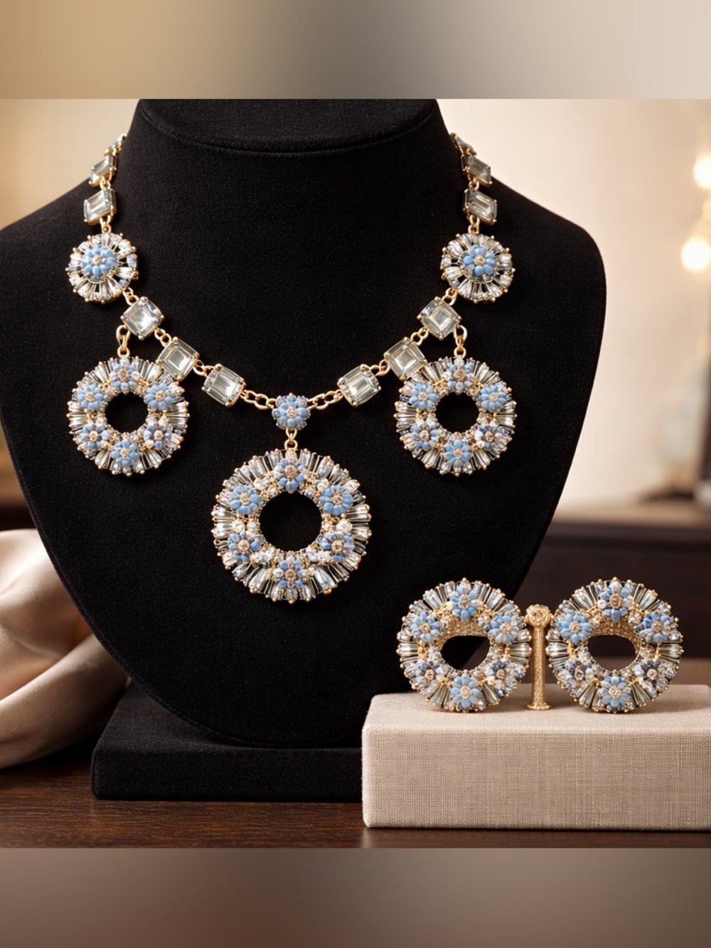 Catwalk Jon Gold Necklace and Earrings with Light Blue and Clear Accents